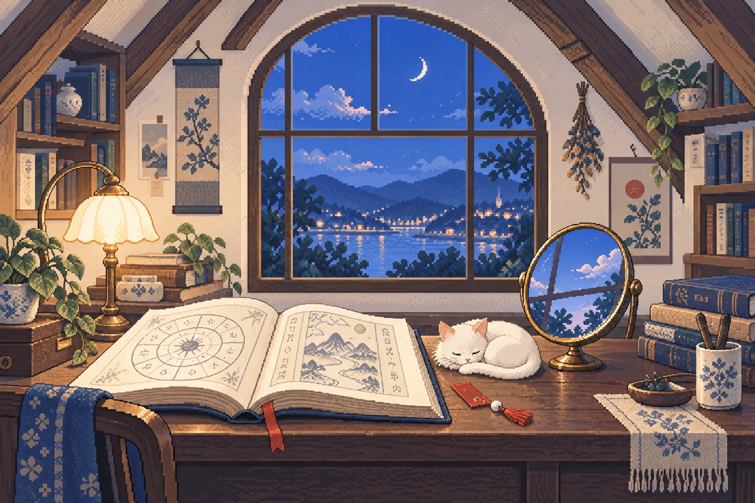 푸른 저녁이 내려앉은 다락방. 책과 거울 옆에서 공캣 고양이가 쉬고 있어요.